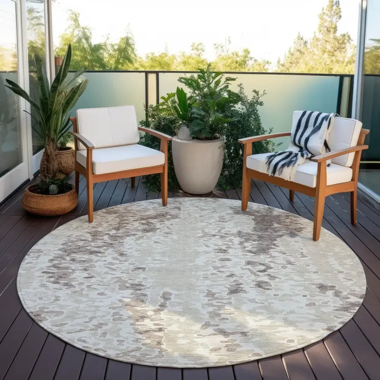 8' Ivory And Beige Round Abstract Washable Indoor Outdoor Area Rug