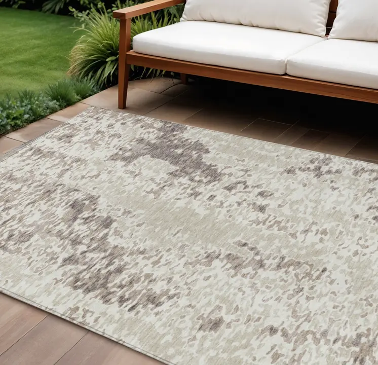 9' X 12' Ivory And Beige Abstract Washable Indoor Outdoor Area Rug