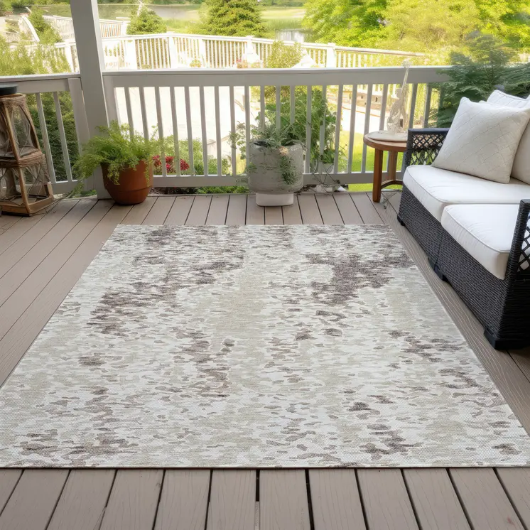 9' X 12' Ivory And Beige Abstract Washable Indoor Outdoor Area Rug