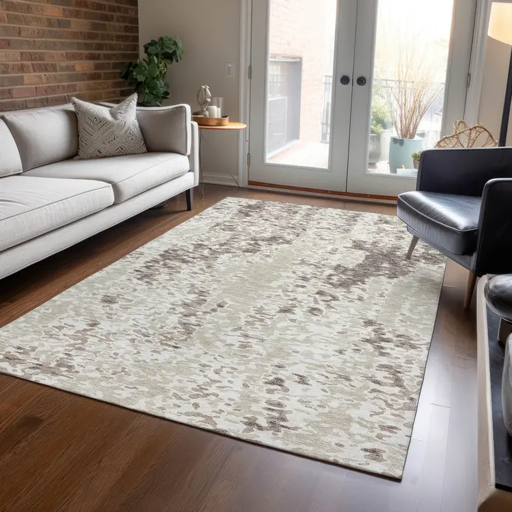 9' X 12' Ivory And Beige Abstract Washable Indoor Outdoor Area Rug