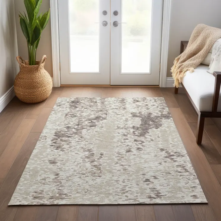 9' X 12' Ivory And Beige Abstract Washable Indoor Outdoor Area Rug