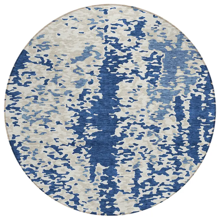 8' Navy Blue And Ivory Round Abstract Washable Indoor Outdoor Area Rug