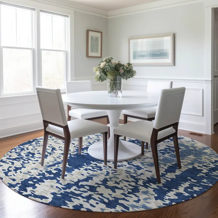 8' Navy Blue And Ivory Round Abstract Washable Indoor Outdoor Area Rug