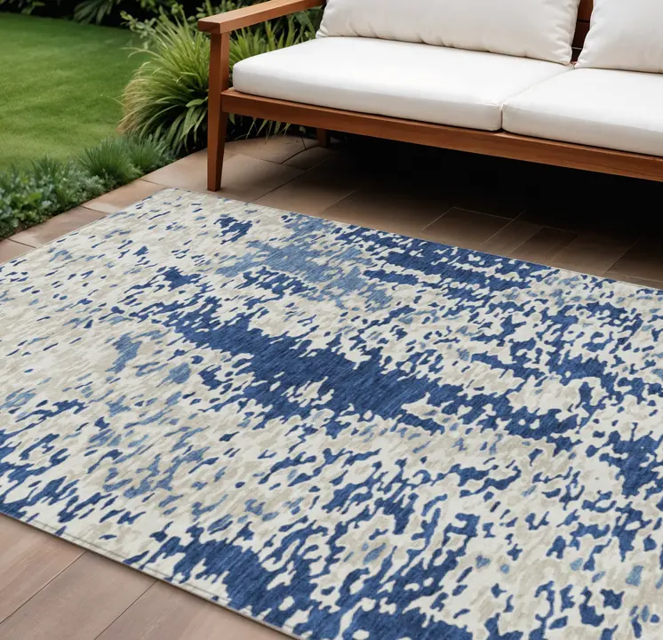 8' X 10' Navy Blue And Ivory Abstract Washable Indoor Outdoor Area Rug
