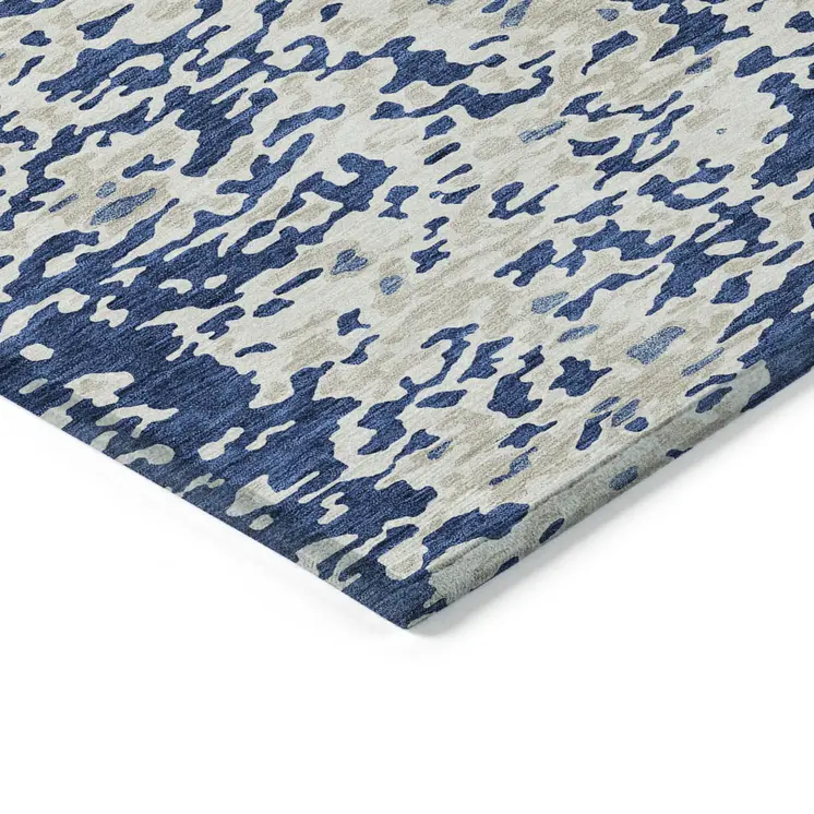 8' X 10' Navy Blue And Ivory Abstract Washable Indoor Outdoor Area Rug