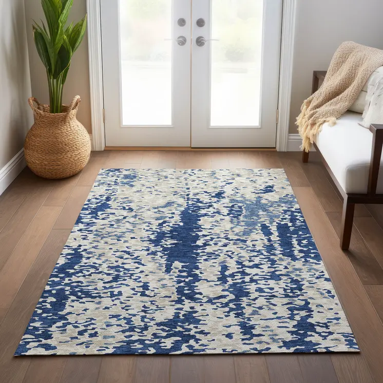 8' X 10' Navy Blue And Ivory Abstract Washable Indoor Outdoor Area Rug