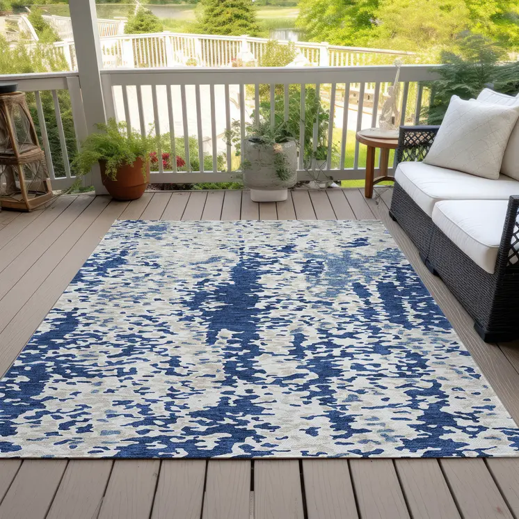 10' X 14' Navy Blue And Ivory Abstract Washable Indoor Outdoor Area Rug