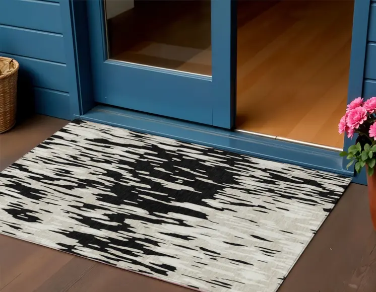 3' X 5' Black And Ivory Abstract Washable Indoor Outdoor Area Rug