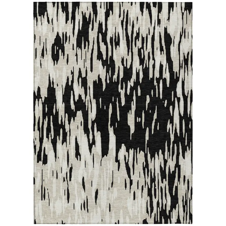5' X 8' Black And Ivory Abstract Washable Indoor Outdoor Area Rug