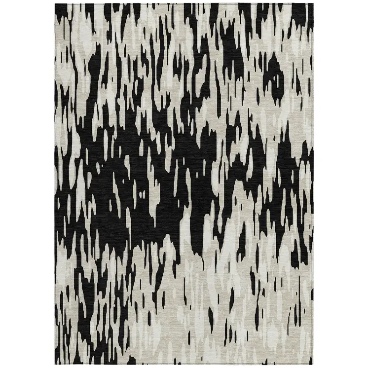 8' X 10' Black And Ivory Abstract Washable Indoor Outdoor Area Rug