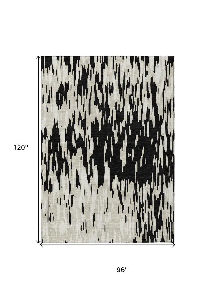 8' X 10' Black And Ivory Abstract Washable Indoor Outdoor Area Rug
