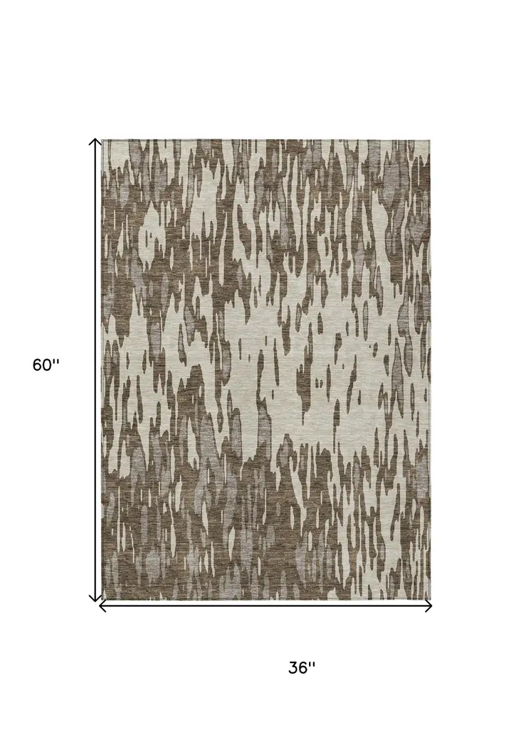 3' X 5' Brown And Ivory Abstract Washable Indoor Outdoor Area Rug