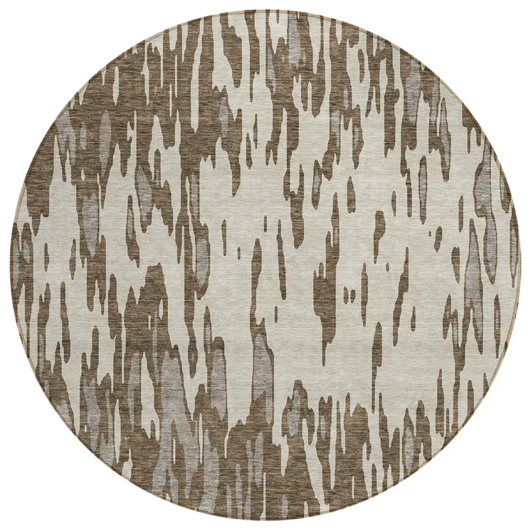 8' Brown And Ivory Round Abstract Washable Indoor Outdoor Area Rug