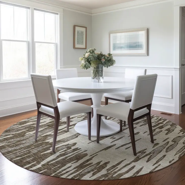 8' Brown And Ivory Round Abstract Washable Indoor Outdoor Area Rug
