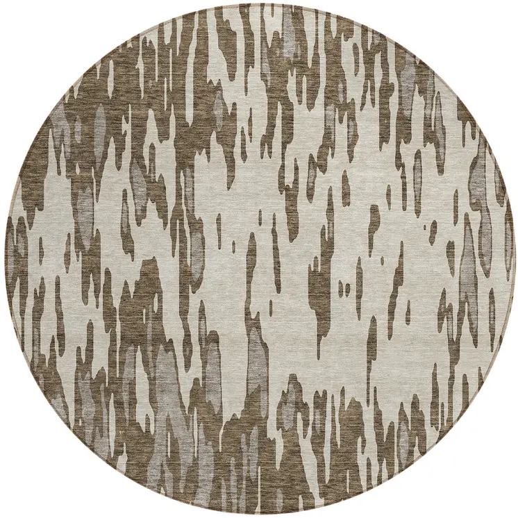 8' Brown And Ivory Round Abstract Washable Indoor Outdoor Area Rug