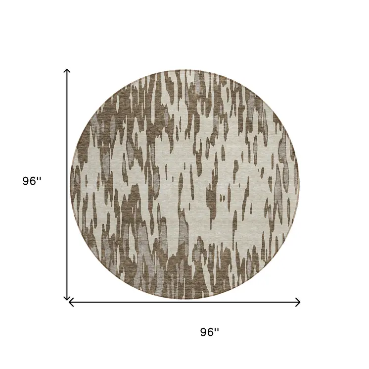 8' Brown And Ivory Round Abstract Washable Indoor Outdoor Area Rug