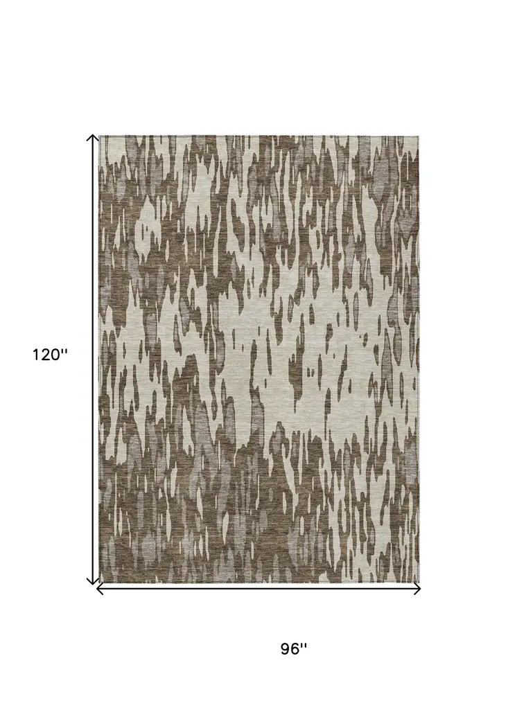 8' X 10' Brown And Ivory Abstract Washable Indoor Outdoor Area Rug