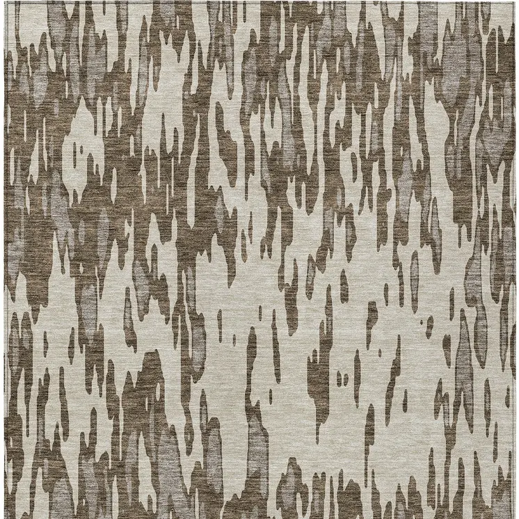 9' X 12' Brown And Ivory Abstract Washable Indoor Outdoor Area Rug