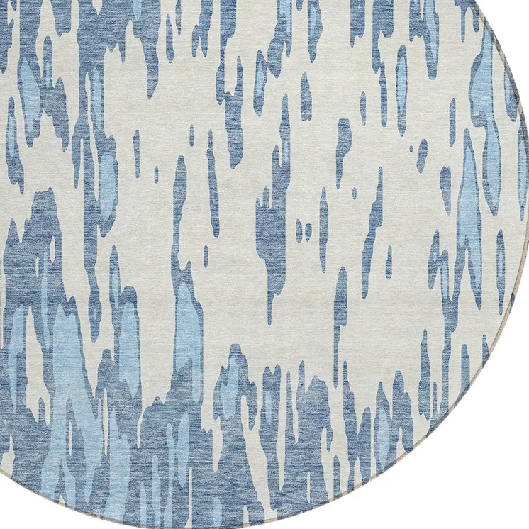 8' Denim Blue And Ivory Round Abstract Washable Indoor Outdoor Area Rug