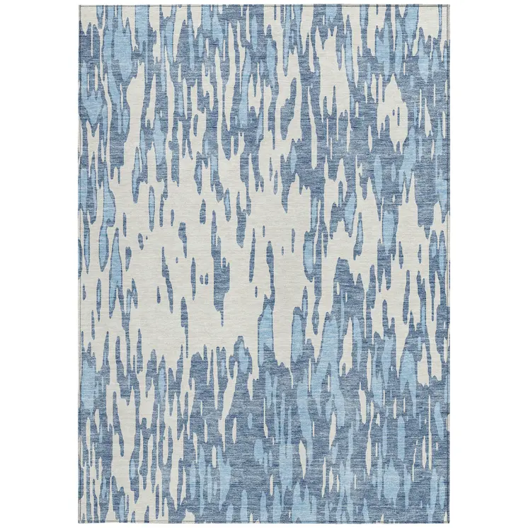 9' X 12' Denim Blue And Ivory Abstract Washable Indoor Outdoor Area Rug
