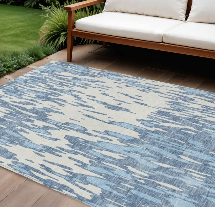 9' X 12' Denim Blue And Ivory Abstract Washable Indoor Outdoor Area Rug