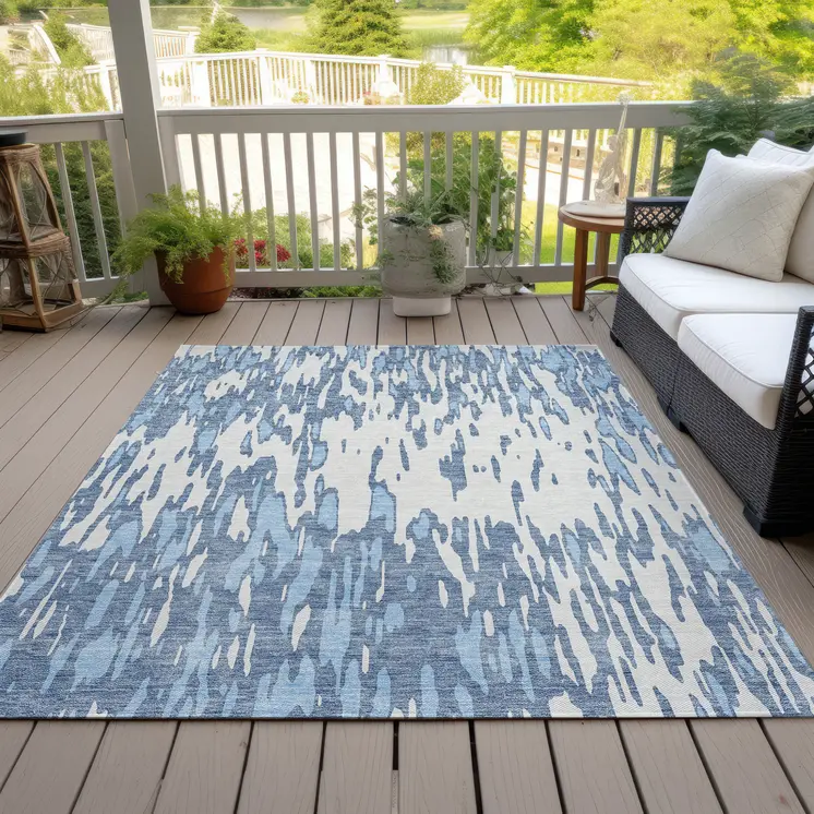 9' X 12' Denim Blue And Ivory Abstract Washable Indoor Outdoor Area Rug