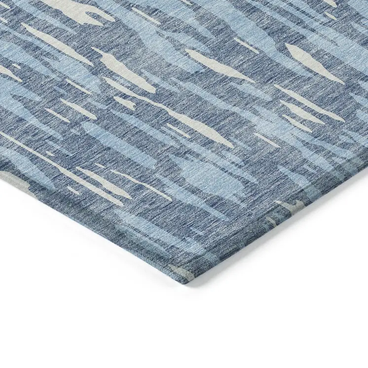 9' X 12' Denim Blue And Ivory Abstract Washable Indoor Outdoor Area Rug