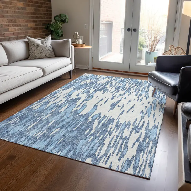 9' X 12' Denim Blue And Ivory Abstract Washable Indoor Outdoor Area Rug