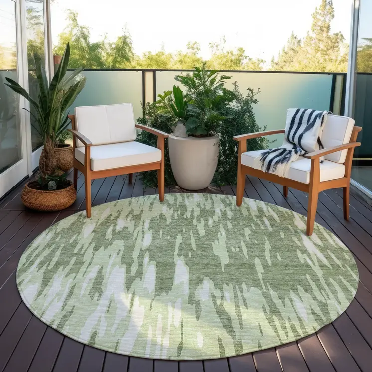 8' Green And Ivory Round Abstract Washable Indoor Outdoor Area Rug