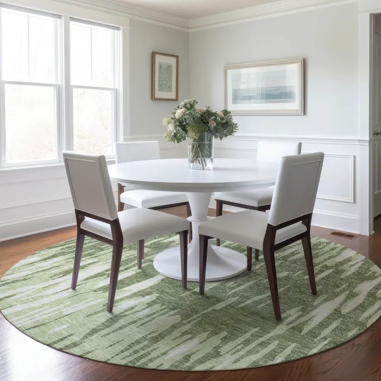 8' Green And Ivory Round Abstract Washable Indoor Outdoor Area Rug