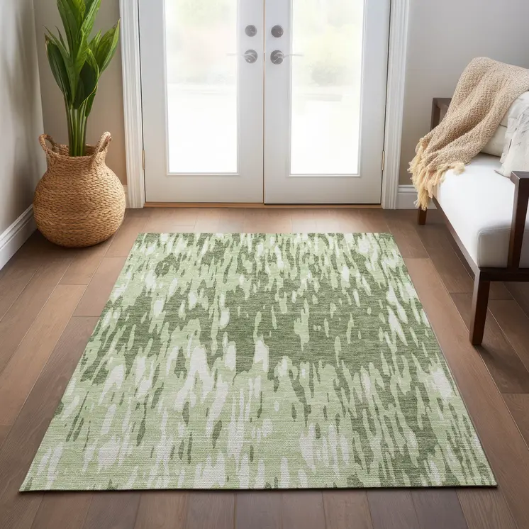 8' X 10' Green And Ivory Abstract Washable Indoor Outdoor Area Rug