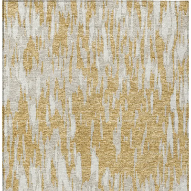 3' X 5' Gold And Ivory Abstract Washable Indoor Outdoor Area Rug