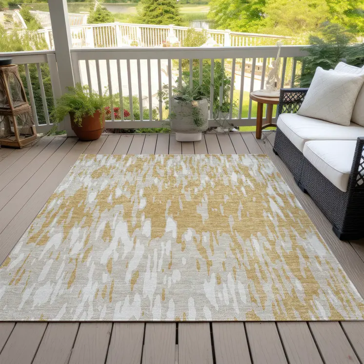 5' X 8' Gold And Ivory Abstract Washable Indoor Outdoor Area Rug