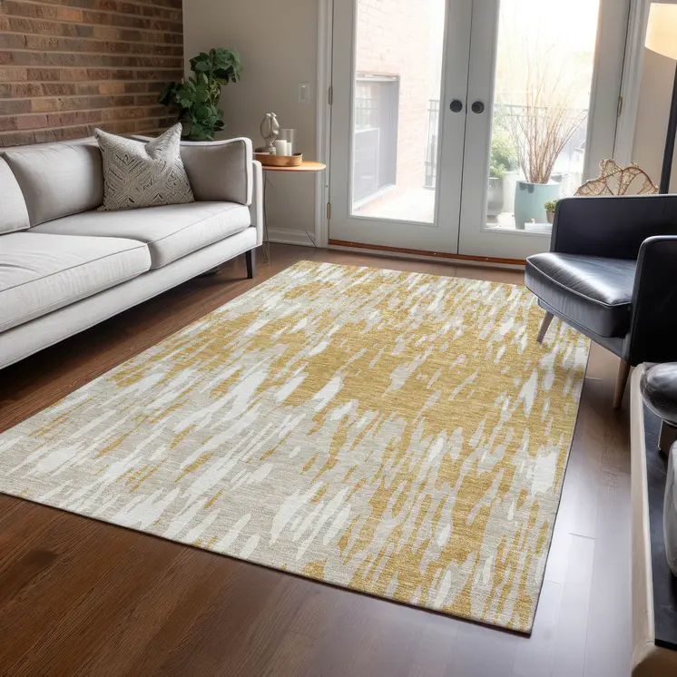 5' X 8' Gold And Ivory Abstract Washable Indoor Outdoor Area Rug