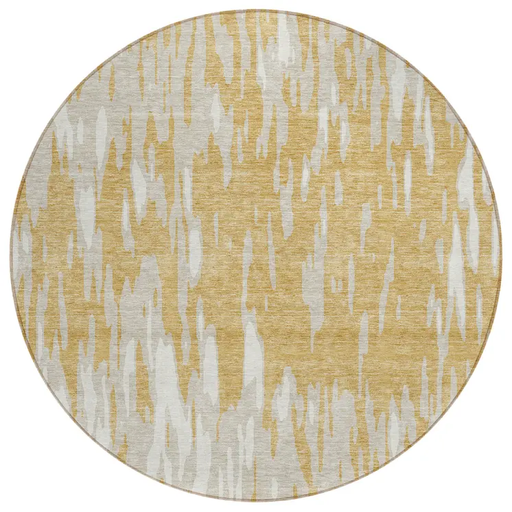 8' Gold And Ivory Round Abstract Washable Indoor Outdoor Area Rug