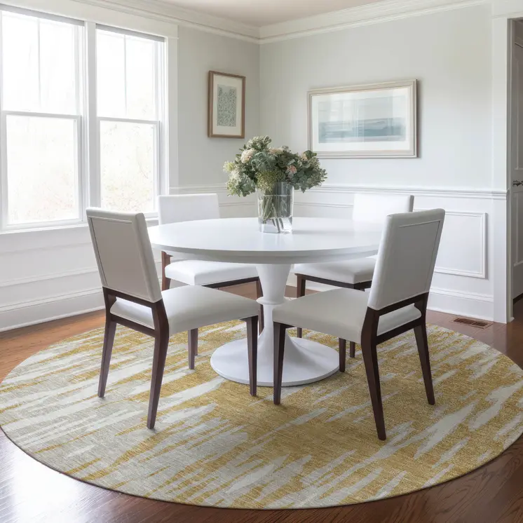 8' Gold And Ivory Round Abstract Washable Indoor Outdoor Area Rug