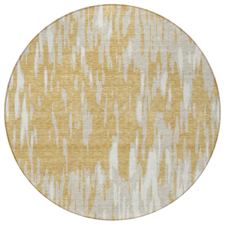 8' Gold And Ivory Round Abstract Washable Indoor Outdoor Area Rug
