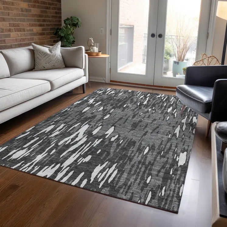 5' X 8' Gray And Ivory Abstract Washable Indoor Outdoor Area Rug