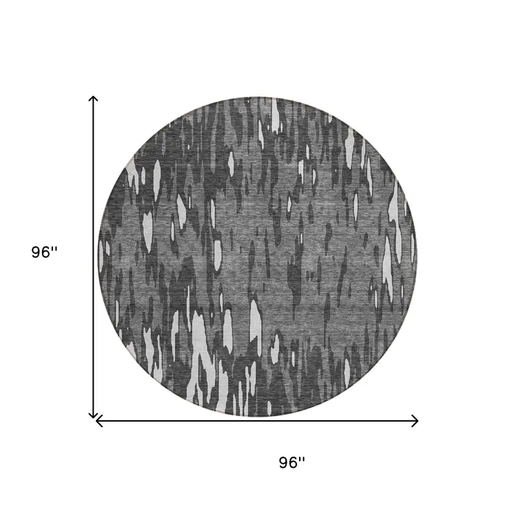 8' Gray And Ivory Round Abstract Washable Indoor Outdoor Area Rug
