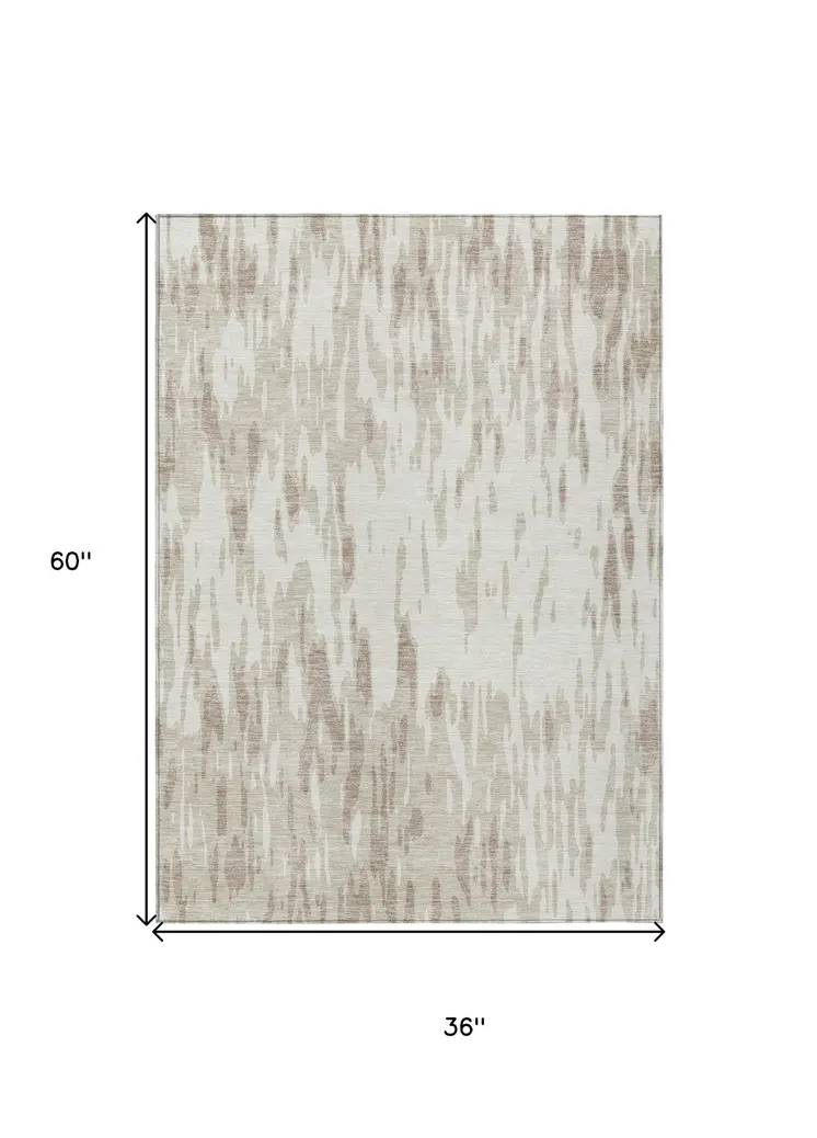 3' X 5' Ivory And Off White Abstract Washable Indoor Outdoor Area Rug