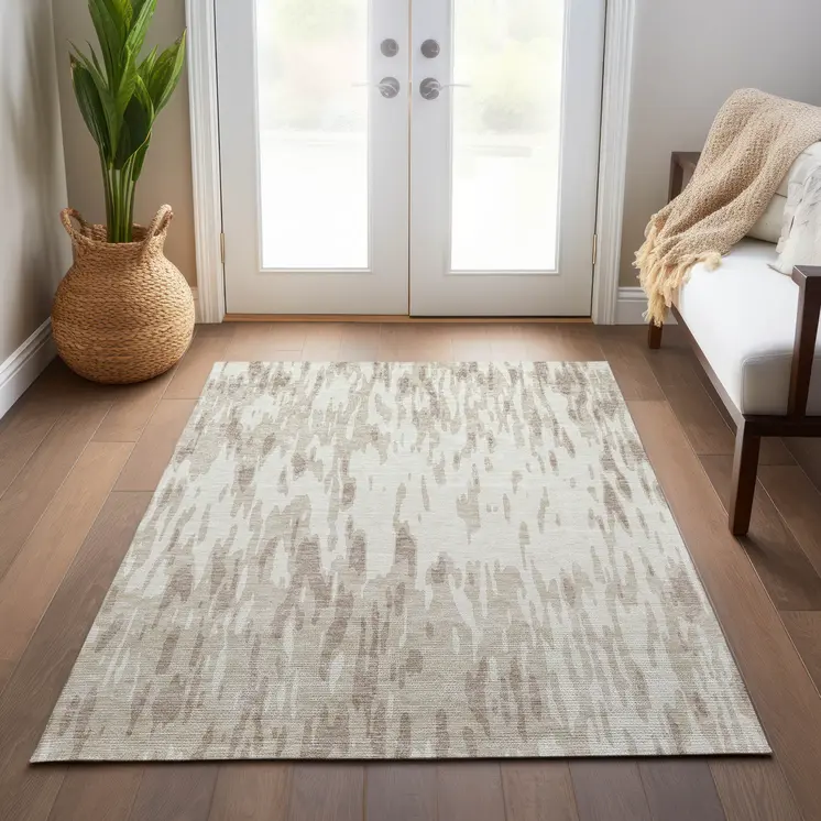 8' X 10' Ivory And Off White Abstract Washable Indoor Outdoor Area Rug