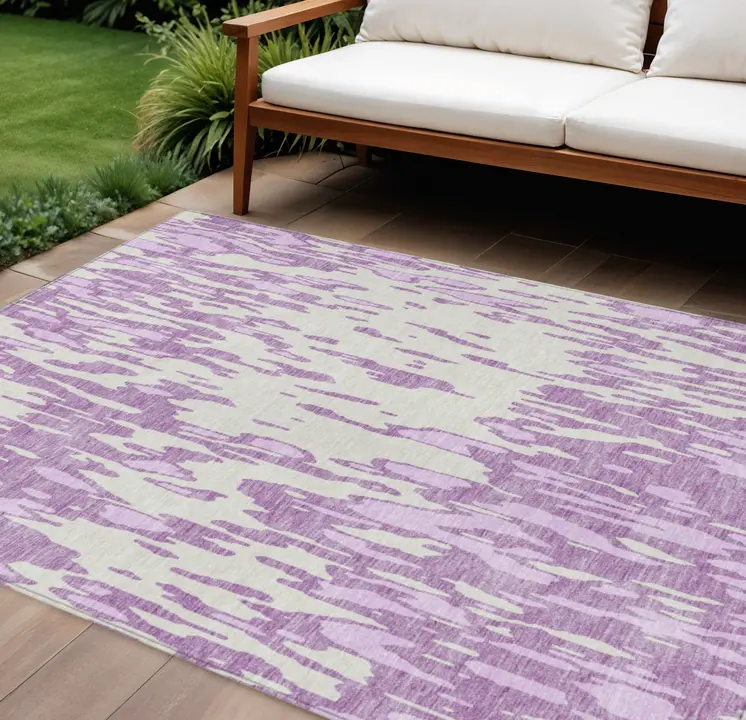9' X 12' Lavender And Ivory Abstract Washable Indoor Outdoor Area Rug