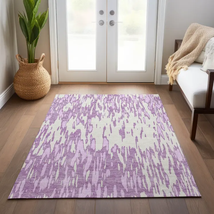 9' X 12' Lavender And Ivory Abstract Washable Indoor Outdoor Area Rug