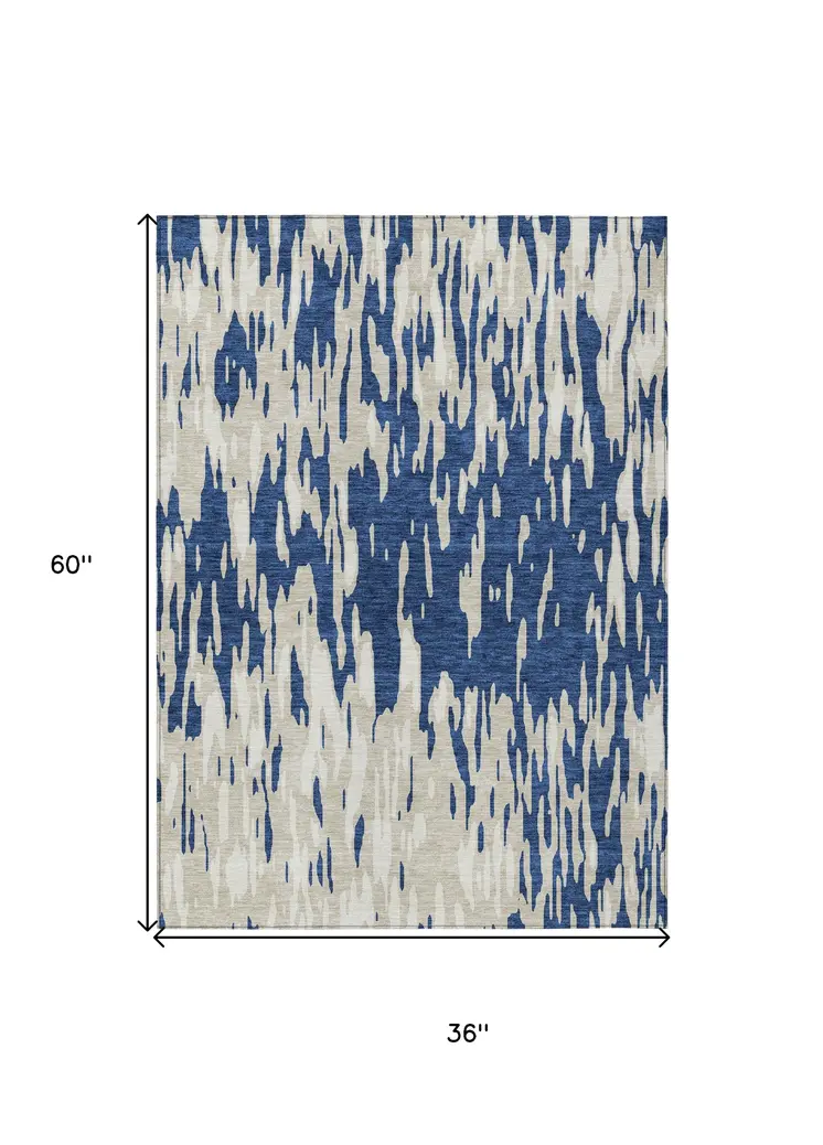 3' X 5' Navy Blue And Ivory Abstract Washable Indoor Outdoor Area Rug