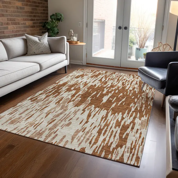 5' X 8' Orange And Ivory Abstract Washable Indoor Outdoor Area Rug