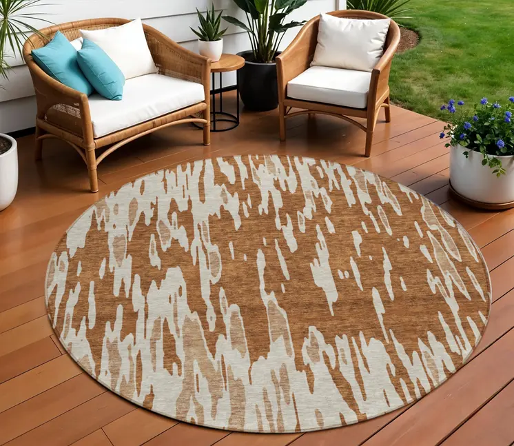 8' Orange And Ivory Round Abstract Washable Indoor Outdoor Area Rug
