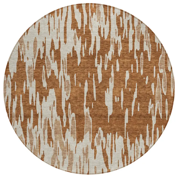 8' Orange And Ivory Round Abstract Washable Indoor Outdoor Area Rug