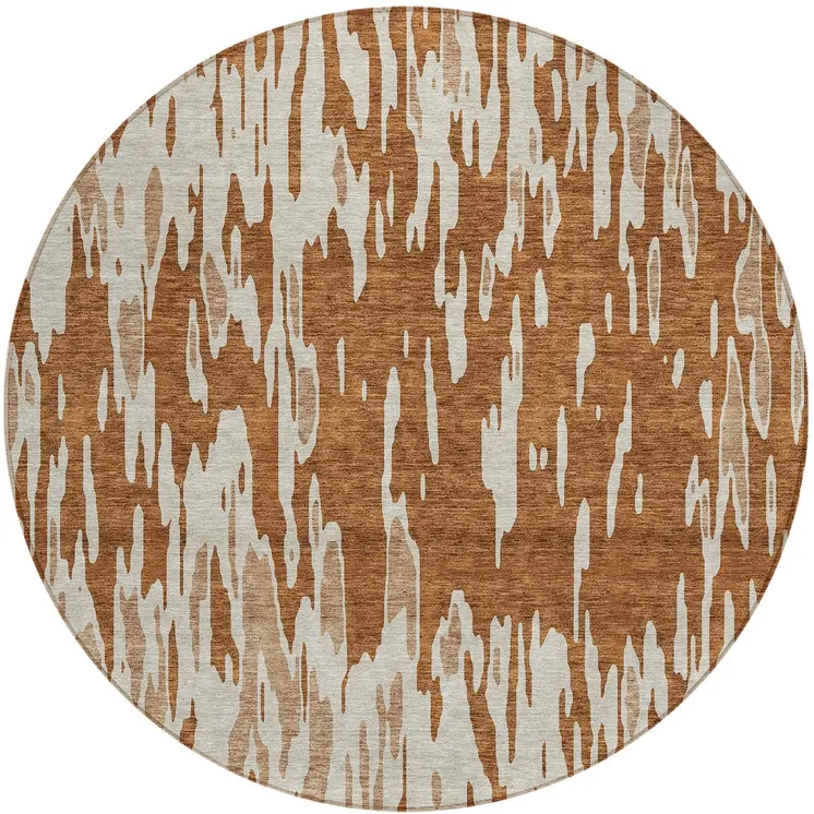 8' Orange And Ivory Round Abstract Washable Indoor Outdoor Area Rug