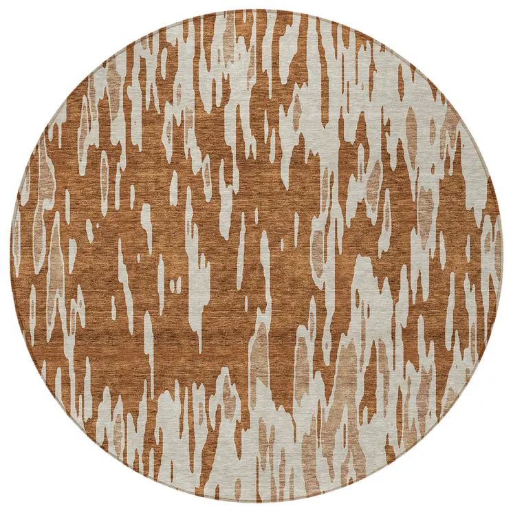 8' Orange And Ivory Round Abstract Washable Indoor Outdoor Area Rug