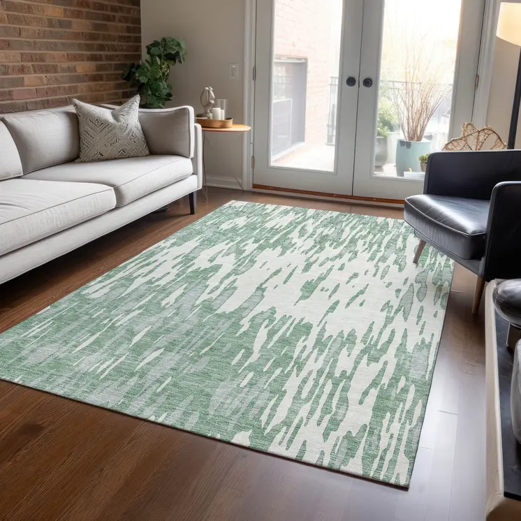 3' X 5' Sage And Ivory Abstract Washable Indoor Outdoor Area Rug